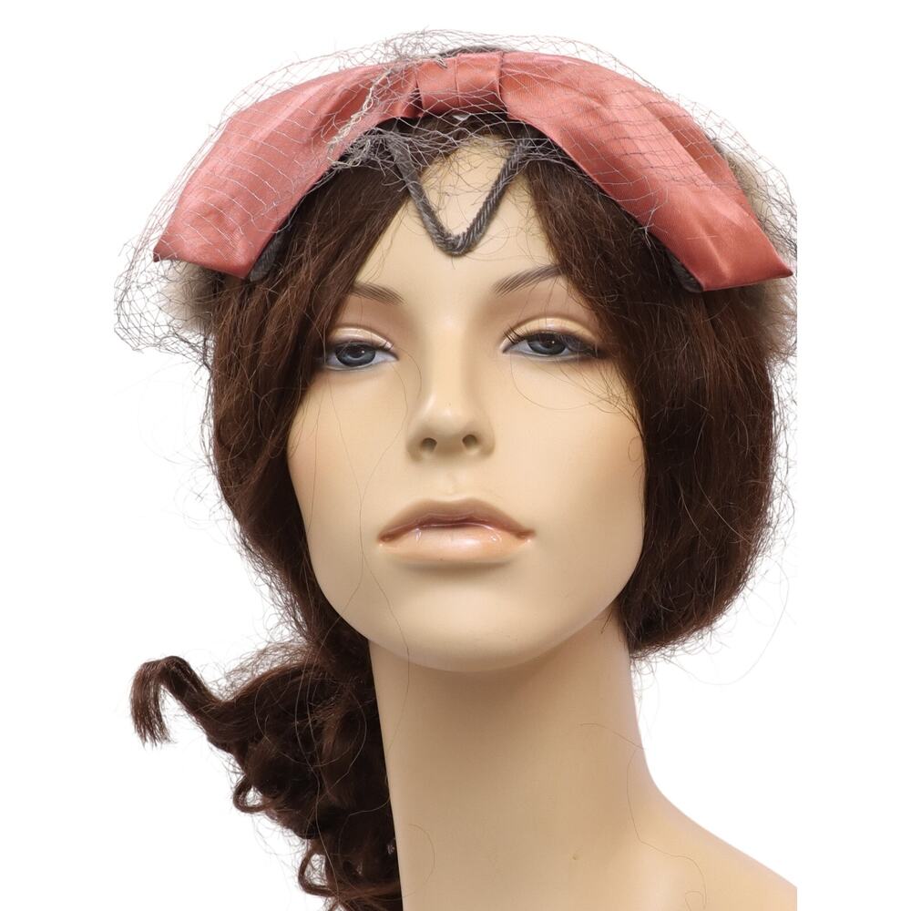 Vintage 50s Women's Grey Fur Ring Hat Netting Satin Bow Union Label